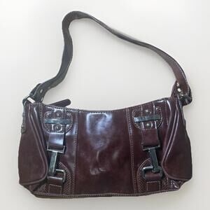 Y2K Brown Vinyl Leather Small Shoulder bag With Silver Buckles